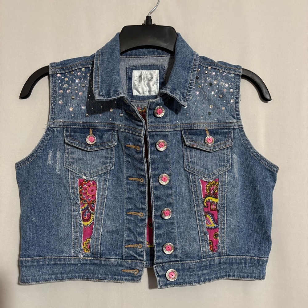 Justice size 14 Girls Embellished Denim Vest with Pink Accents Paisley Fabric
